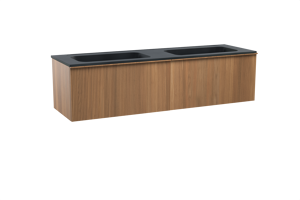 Balmani Forma zwevend badkamermeubel 180 x 55 cm teak met Tablo Strada dubbele wastafel in composietmarmer mat zwart, Verticale symmetrische rechte ribbel