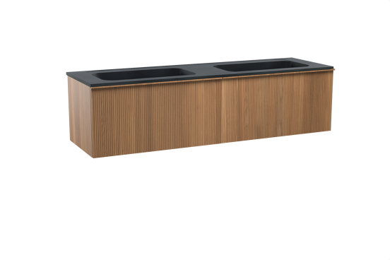 Balmani Forma hängendes Möbelstück Set: 180 x 55 cm, Teak, mit Tablo Strada Doppelwaschtisch, Marmorkomposit, Schwarz matt, Vertikale symmetrische gerade Rippe