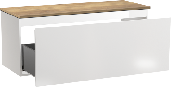 Linie Lado meuble salle de bains suspendu 120 x 46 cm blanc brillant avec Lado tablette simple ou double en mélaminé chêne naturel