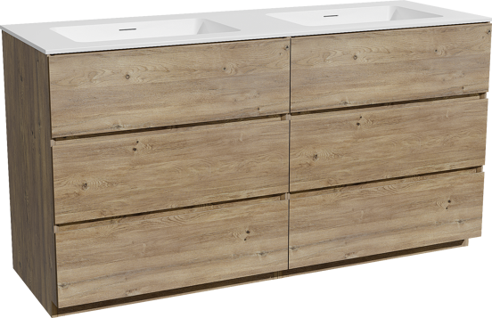 Storke Edge meuble salle de bains à poser 150 x 52 cm chêne brut avec Mata double vasque en solid surface blanc mat
