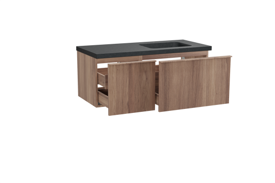 Balmani Forma zwevend badkamermeubel 120 x 55 cm teak met Napoli asymmetrisch rechtse wastafel in graniet zwart, Verticale symmetrische rechte ribbel