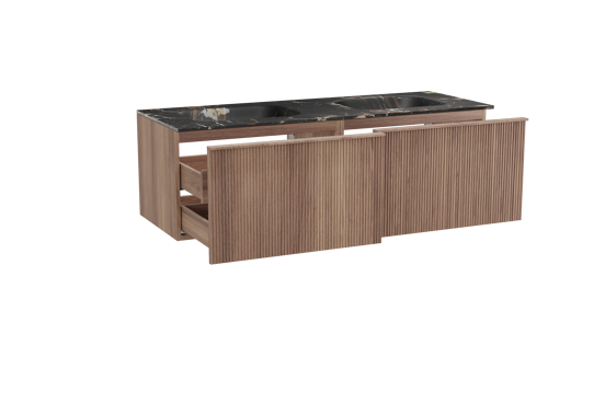 Balmani Forma zwevend badkamermeubel 150 x 55 cm teak met Tablo Arcato dubbele wastafel in marmer portoro gold, Verticale symmetrische rechte ribbel