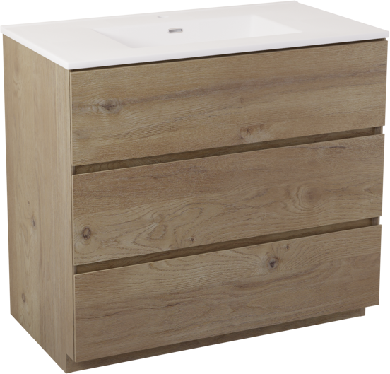 Storke Edge staand badmeubel 95 x 52 cm ruw eiken met Kera enkele wastafel in porselein mat wit, afvoerplug inbegrepen