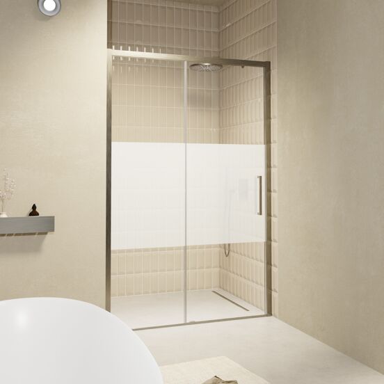 Balmani Senses Design douche schuifdeur links 160 cm x 210 cm Helder glas met matte strook glas, Brushed GunMetal profielen, met coating