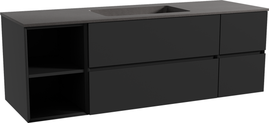 Storke Edge zwevend badmeubel 155 x 52 cm mat zwart met Scuro enkele wastafel in kwarts mat zwart