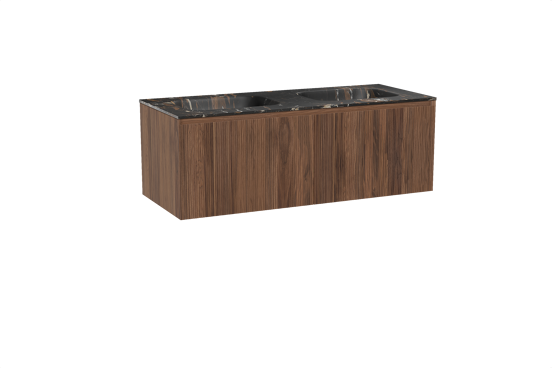 Balmani Fila hängendes Möbelstück Set: 135 x 55 cm, Nussbaum, mit Tablo Arcato Doppelwaschtisch, Marmor, Portoro Gold, Vertikale symmetrische gerade Rippe