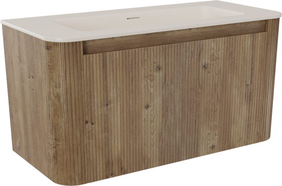 Storke Soft hängendes Möbelstück Set: 100 x 46 cm, Eiche rau, mit Mata Soft Einzelwaschtisch Solid Surface Beige Granit, Vertikale symmetrische gerade Rippe