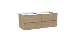Balmani Mitra hängendes Möbelstück Set: 135 x 55 cm, Naturbelassene Eiche, mit Tablo Stretto Doppelwaschtisch, Solid Surface Weiß matt