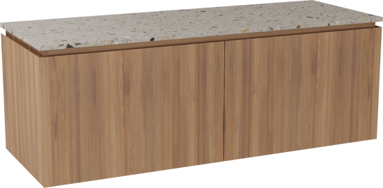 Balmani Eclips meuble salle de bains suspendu 150 x 55 cm Teck avec Stretto tablette simple ou double en Terrazzo greige