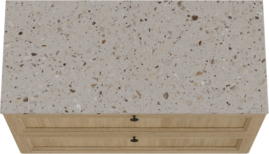 Balmani Lemon freistehendes Möbelstück Set: 120 x 55 cm, Verwitterte Eiche, mit Stretto Einzel- oder Doppel Waschtischplatte, Terrazzo in Greige