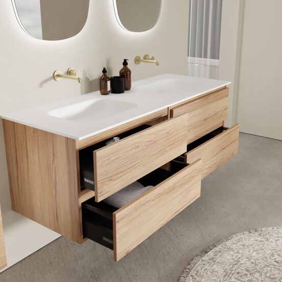 Balmani Lucida meuble salle de bains suspendu 150 x 55 cm teck avec Tablo Arcato double vasque en solid surface blanc mat