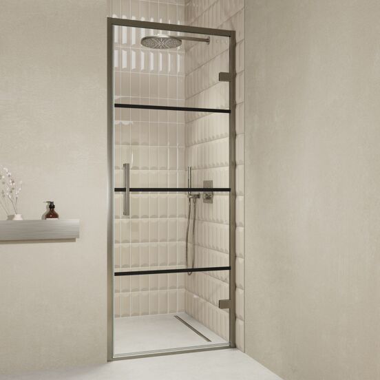 Balmani Senses Design Dusche Drehtür, Rechts, 90 cm x 210 cm, Lined, Profil Brushed GunMetal, inklusive Coating