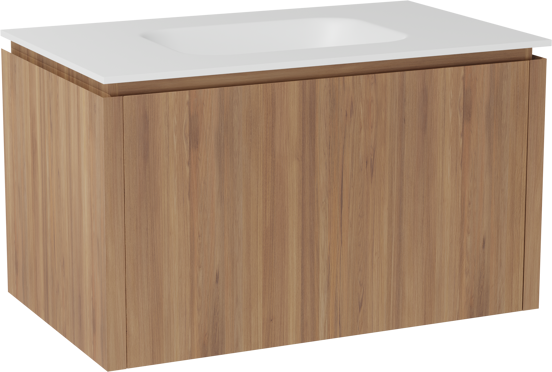 Balmani Eclips zwevend badkamermeubel 90 x 55 cm Teak met Tablo Arcato enkele wastafel in Solid Surface mat wit