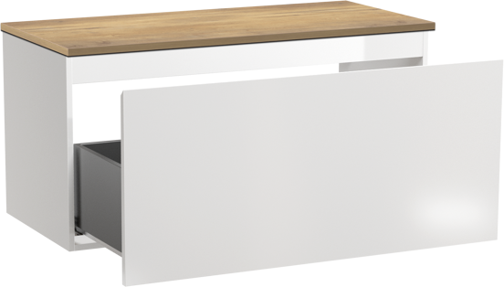 Linie Lado zwevend badkamermeubel 100 x 46 cm glanzend wit met Lado enkel of dubbel tablet in melamine natuur eik