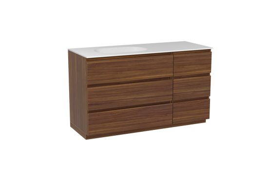 Balmani Lucida staand badkamermeubel 135 x 55 cm amerikaanse notelaar met Tablo Oval asymmetrisch linkse wastafel in solid surface mat wit