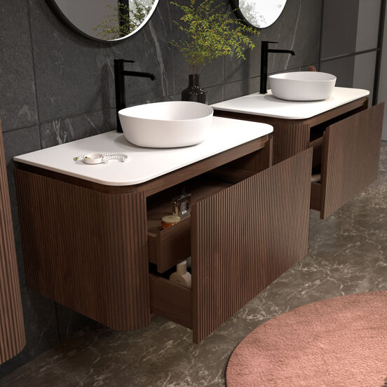 Balmani Moon meuble salle de bains suspendu 100 x 55 cm noyer américain avec Moon tablette simple en solid surface blanc mat, Nervure droite symétrique verticale