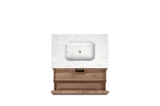 Balmani Forma zwevend badkamermeubel 90 x 55 cm amerikaanse notelaar met Tablo Arcato enkele wastafel in marmer carrara, Verticale asymmetrische ronde ribbel