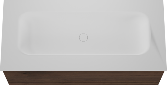 Balmani Forma zwevend badmeubel 120 x 55 cm amerikaans notenhout met Tablo Arcato enkele wastafel voor 2 kraangaten in solid surface mat wit, Horizontale symmetrische rechte ribbel