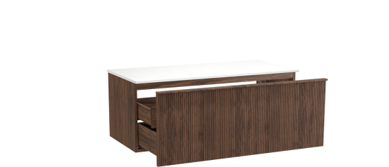 Balmani Forma hängendes Möbelstück Set: 120 x 55 cm, Amerikanischer Nussbaum, mit Stretto Einzel- oder Doppel Waschtischplatte, Solid Surface, Weiß matt, Vertikale symmetrische gerade Rippe
