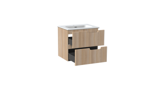 Linie Ribbo meuble salle de bains suspendu 60 x 46 cm chêne clair avec Baro plan simple en porcelaine blanc mat, Nervure circulaire symétrique verticale