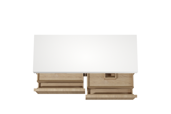 Balmani Forma hängendes Möbelstück Set: 150 x 55 cm, Naturbelassene Eiche, mit Dominus Einzel- oder Doppel Waschtischplatte, Solid Surface, Weiß matt, Vertikale symmetrische gerade Rippe