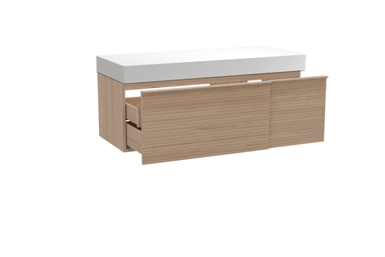 Balmani Forma hängendes Möbelstück Set: 135 x 55 cm, Naturbelassene Eiche, mit Dominus Einzel- oder Doppel Waschtischplatte, Solid Surface, Weiß matt, Horizontale symmetrische gerade Rippe