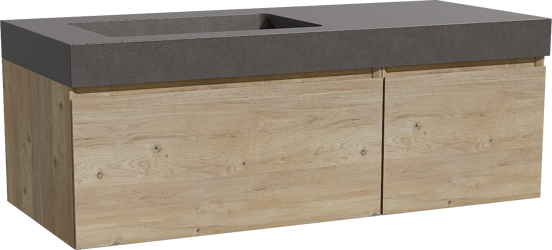 Storke Edge meuble salle de bains suspendu 120 x 52 cm chêne brut avec Scuro High plan vasque asymétrique à gauche en quartz noir mat