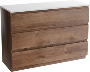 Linie Lado staand badkamermeubel 120 x 46 cm bruine eik met Lado dubbel tablet in composietmarmer glanzend wit