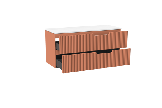 Linie Ribbo meuble salle de bains suspendu 120 x 46 cm cotto avec Lado tablette double en marbre composite blanc mat, Nervure circulaire symétrique verticale