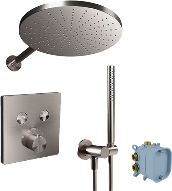 Blaufoss Smartbox Switch-line Duschsystem: Unterputz, inkl. Thermostat-Duscharmatur, inkl. Duschkopf, 30 cm, Brushed CoolMetal