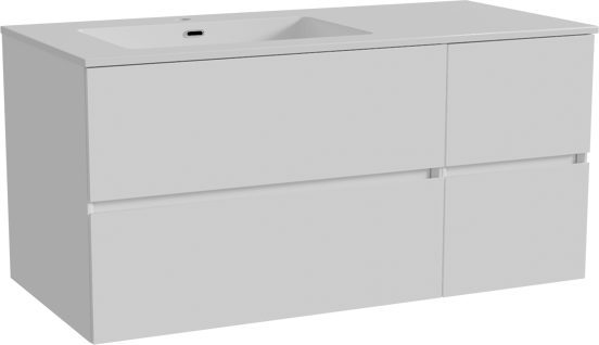 Storke Edge meuble salle de bains suspendu 110 x 52 cm blanc brillant avec Diva plan vasque asymétrique à gauche en marbre composite blanc brillant