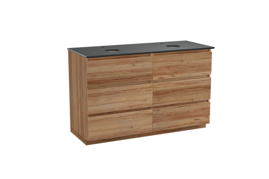Balmani Lucida freistehendes Möbelstück Set: 135 x 55 cm, Teak, mit Facetta Doppel Waschtischplatte, Schwarzes Granit