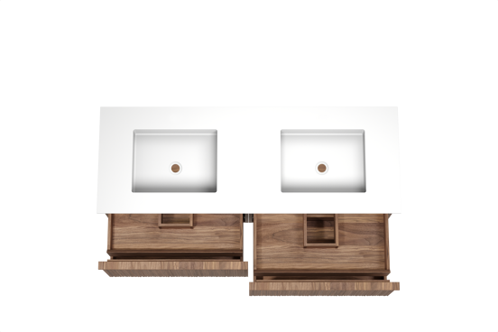 Balmani Forma meuble salle de bains suspendu 150 x 55 cm noyer américain avec Tablo Stretto double vasque en solid surface blanc mat, Nervure circulaire asymétrique verticale