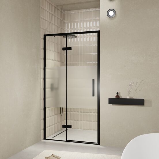 Balmani Senses Design douche draaideur links 120 cm x 210 cm Helder glas met matte strook, Zwarte profielen, met coating