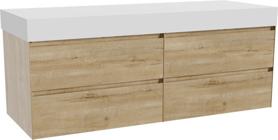 Balmani Mitra hängendes Möbelstück Set: 150 x 55 cm, Rohe Eiche, mit Dominus Einzel- oder Doppel Waschtischplatte, Solid Surface Weiß matt