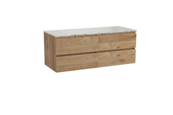 Balmani Lucida meuble salle de bains suspendu 135 x 55 cm chêne brut avec Stretto tablette simple ou double en blanc/noir mat terrazzo