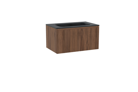 Balmani Fila hängendes Möbelstück Set: 90 x 55 cm, Nussbaum, mit Tablo Strada Einzelwaschtisch, Marmorkomposit, Schwarz matt, Vertikale symmetrische gerade Rippe