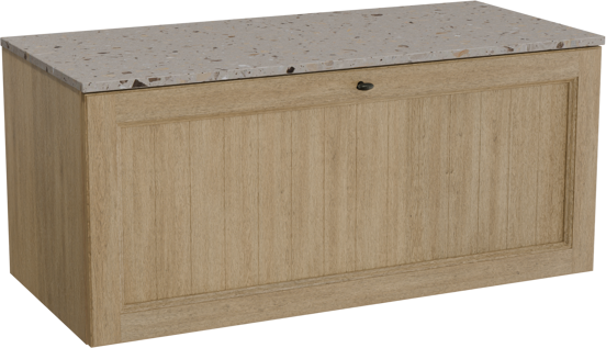 Balmani Lemon zwevend badkamermeubel 120 x 55 cm verweerde eik met Stretto enkel of dubbel tablet in terrazzo greige terrazzo