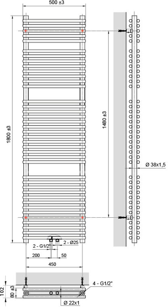 Vipera Alegria sèche-serviettes double 50 x 180 cm chauffage électrique noir mat raccordements latéral et central possibles 1.575W, résistance incluse