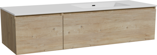 Storke Edge meuble salle de bains suspendu 150 x 52 cm chêne brut avec Diva plan vasque asymétrique à droite en marbre composite blanc brillant