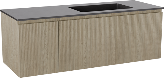 Storke Ribs hängendes Möbelstück Set: 140 x 52 cm, Rohe Eiche, mit Scuro Waschtisch rechts, Quarz, Schwarz matt, Vertikale symmetrische gerade Rippe