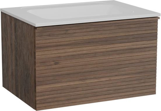 Balmani Forma zwevend badkamermeubel 75 x 55 cm amerikaanse notelaar met Tablo Strada enkele wastafel in composietmarmer glanzend wit, Horizontale symmetrische rechte ribbel
