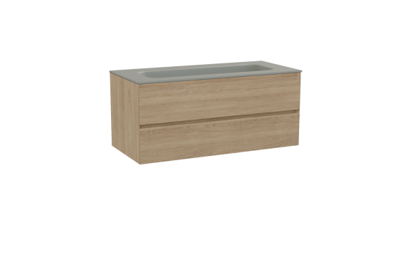 Balmani Mitra zwevend badmeubel 120 x 55 cm naturel eiken met Tablo Arcato enkele wastafel voor 2 kraangaten in solid surface steengrijs