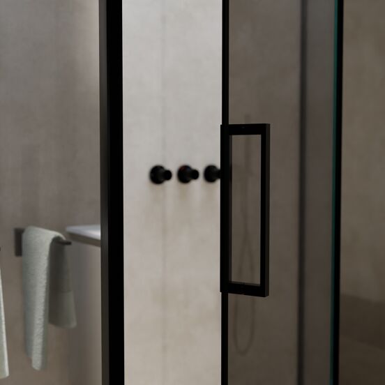 Balmani Senses Design douche en coin avec porte pivotante à droite et paroi latérale fixe, 140 x 80 cm, Miroir Reflex, Profil noir, coating inclus
