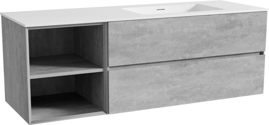 Storke Edge meuble salle de bains suspendu 150 x 52 cm béton gris foncé avec Mata plan vasque asymétrique à droite en solid surface blanc mat