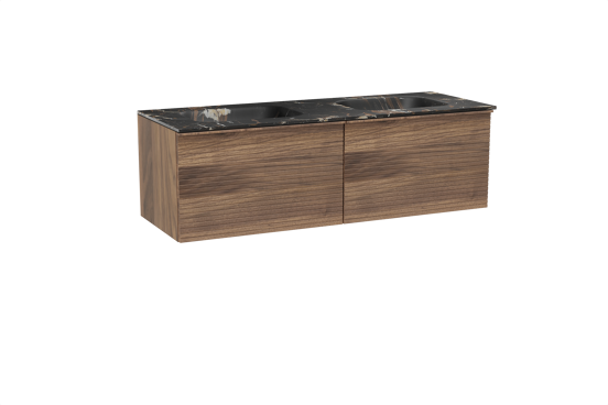 Balmani Forma zwevend badkamermeubel 150 x 55 cm amerikaanse notelaar met Tablo Arcato dubbele wastafel in marmer portoro gold, Horizontale symmetrische rechte ribbel