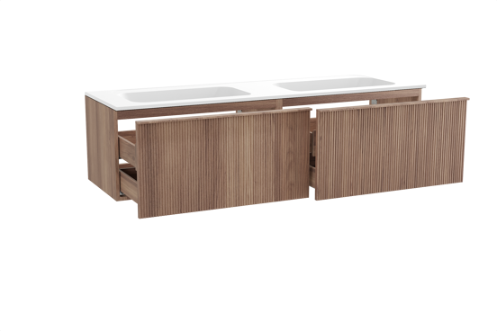 Balmani Forma meuble salle de bains suspendu 180 x 55 cm teck avec Tablo Strada double vasque en marbre composite blanc mat, Nervure droite symétrique verticale