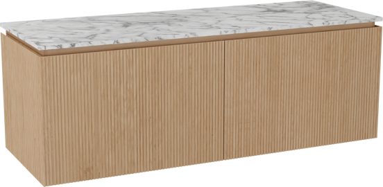 Balmani Eclips hängendes Möbelstück Set: 150 x 55 cm, Eiche Natur, mit Stretto Einzel- oder Doppel Waschtischplatte Carrara-Marmor, Vertikale symmetrische gerade Rippe