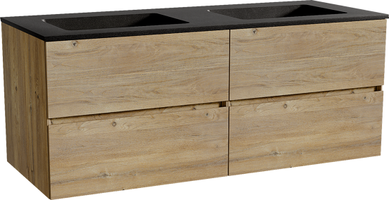 Storke Edge zwevend badmeubel 130 x 52 cm ruw eiken met Scuro dubbele wastafel in kwarts mat zwart