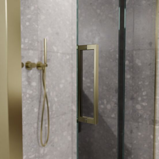 Balmani Senses Design douche en coin avec porte coulissante à droite et paroi latérale fixe, 140 x 100 cm, Miroir Reflex, Profil Brushed Champagne Gold